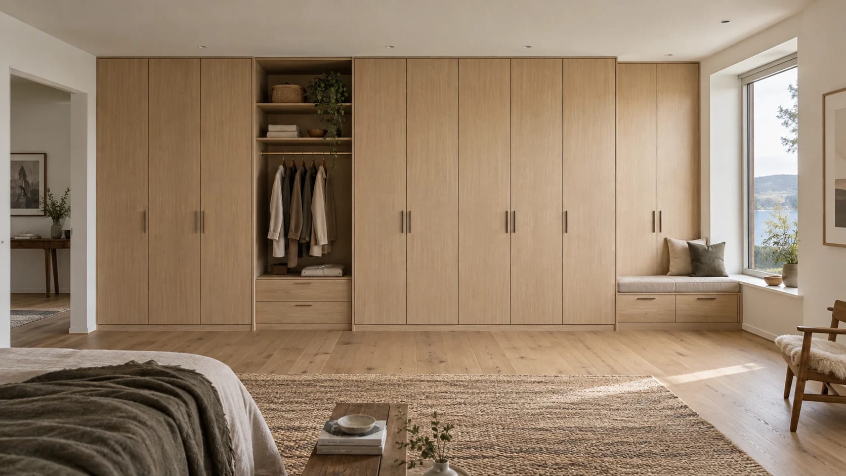 Garderobe i lys eik langs hele veggen, med en åpen nisje og sittebenk ved vinduet