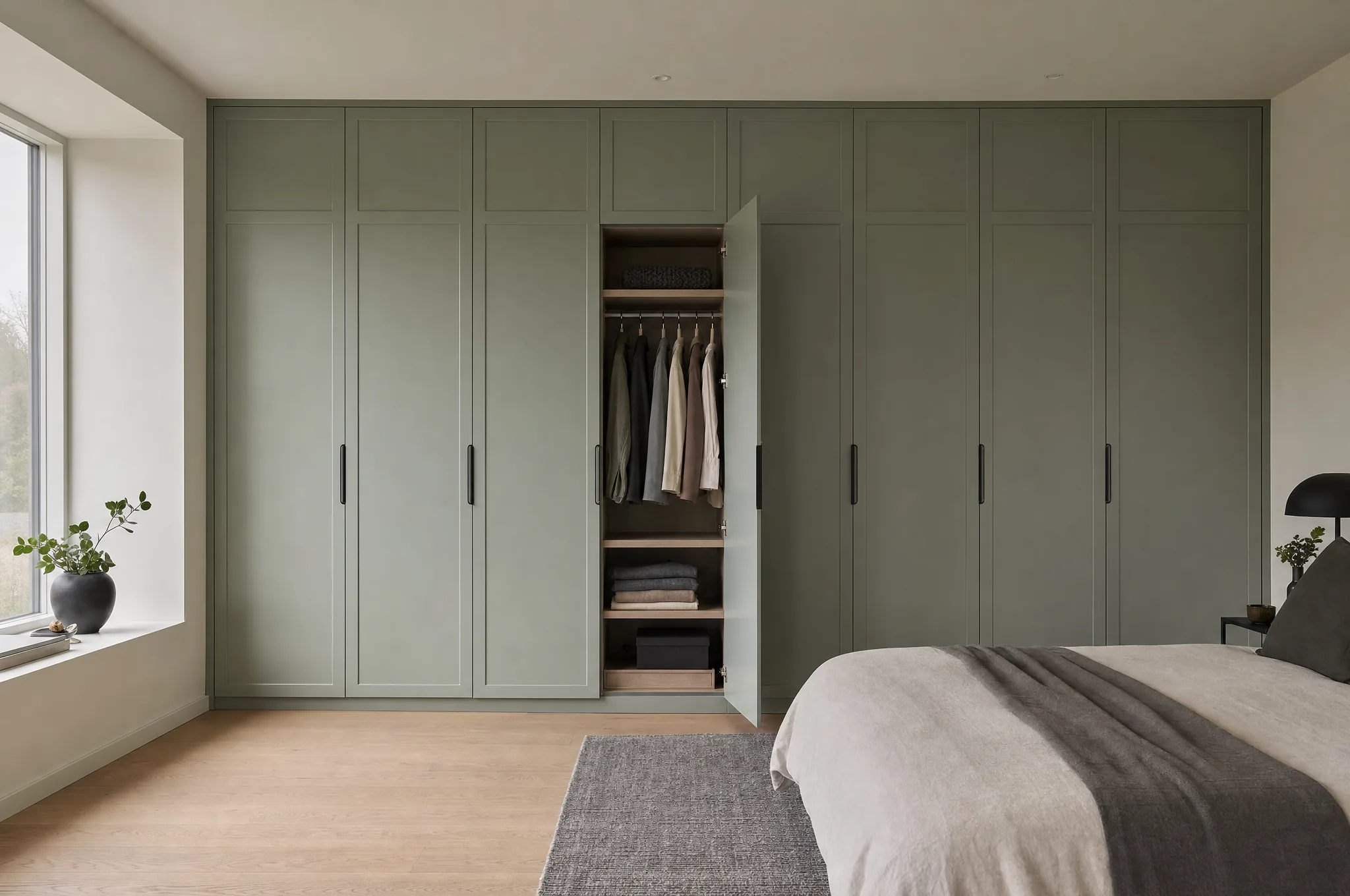 Garderobe i salviegrønn malt MDF langs hele veggen, med én dør åpen