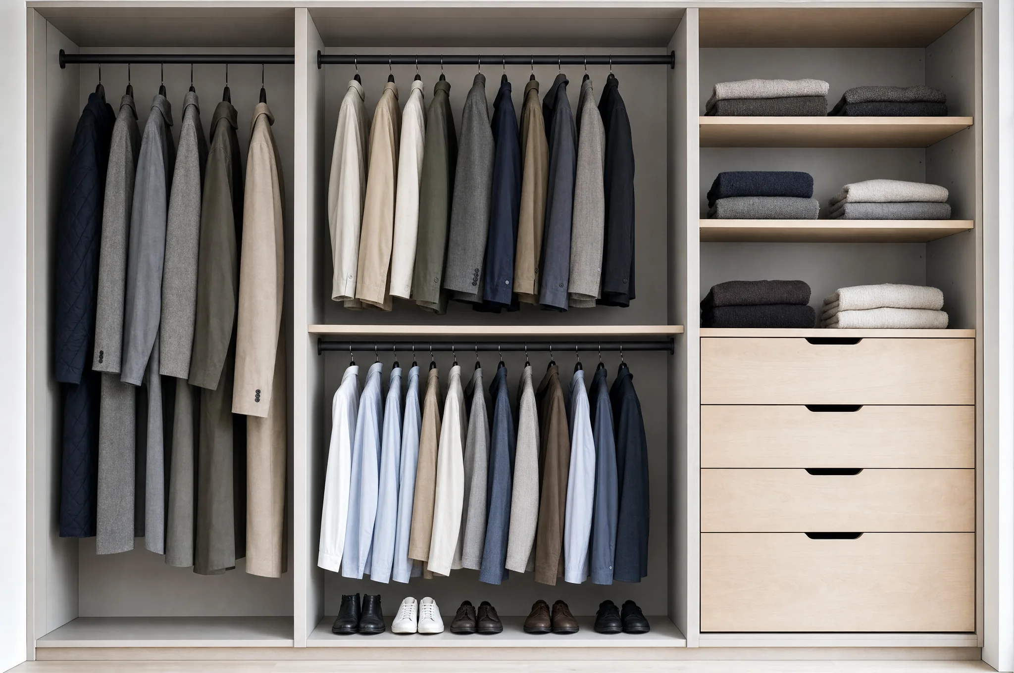Innsiden av en bred garderobe med heng i to høyder, hyller, skuffer og skohylle