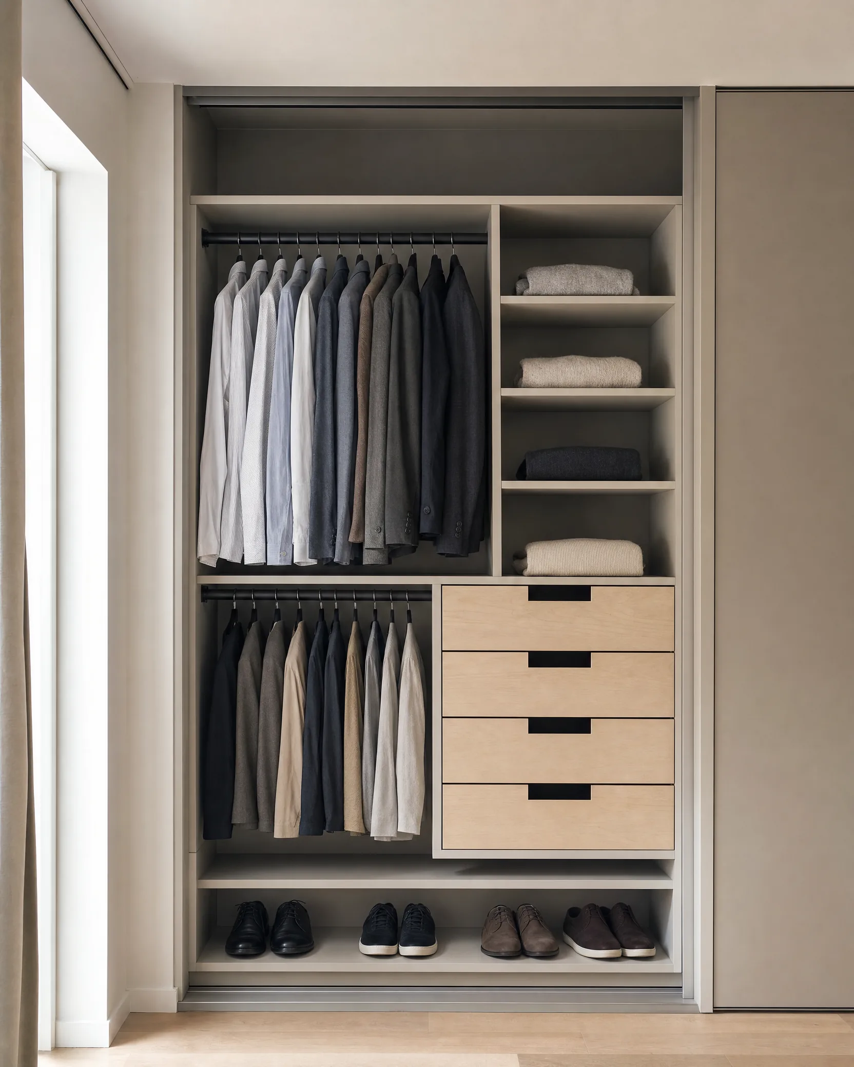 Innsiden av en garderobe med to hengestenger, hyller, skuffer og skohylle