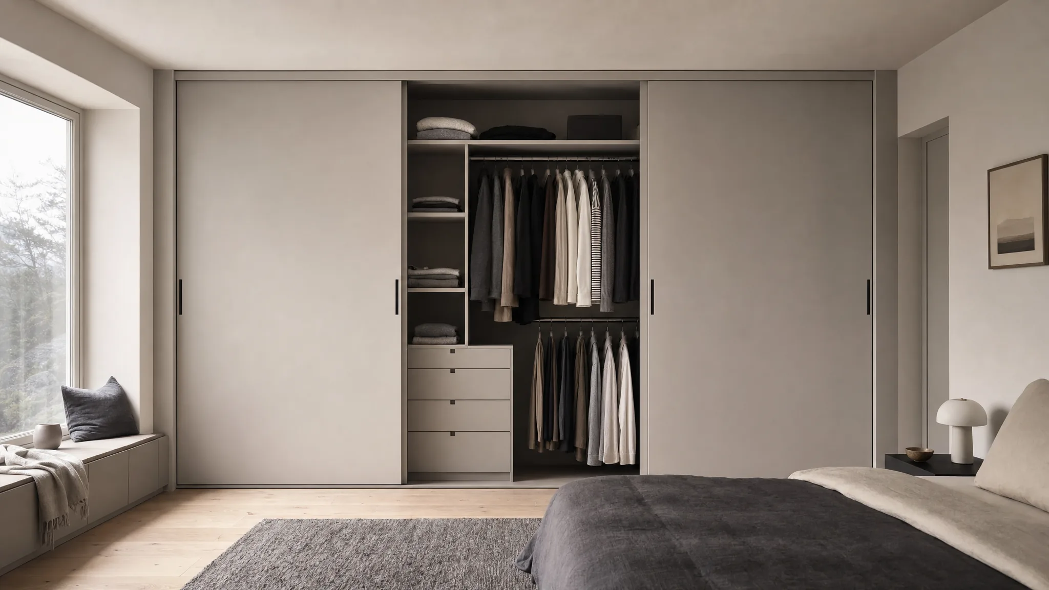 Garderobe fra vegg til vegg i lys grå malt MDF med skyvedører, én åpen, og vindusbenk